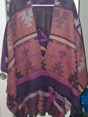 Open Front Aztec Print Poncho Sweater - Purple/Rust